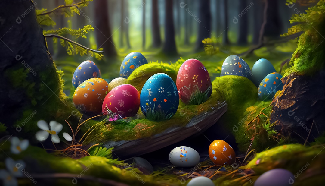 Muitos ovos de Páscoa no prado, realistas