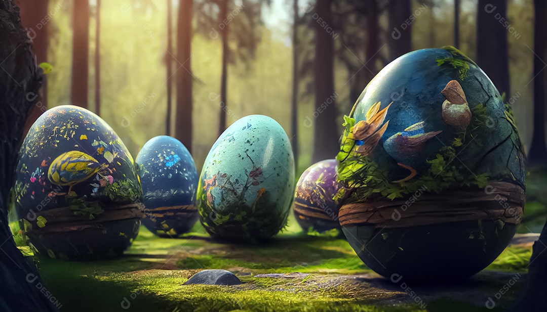 Muitos ovos de Páscoa no prado, realistas