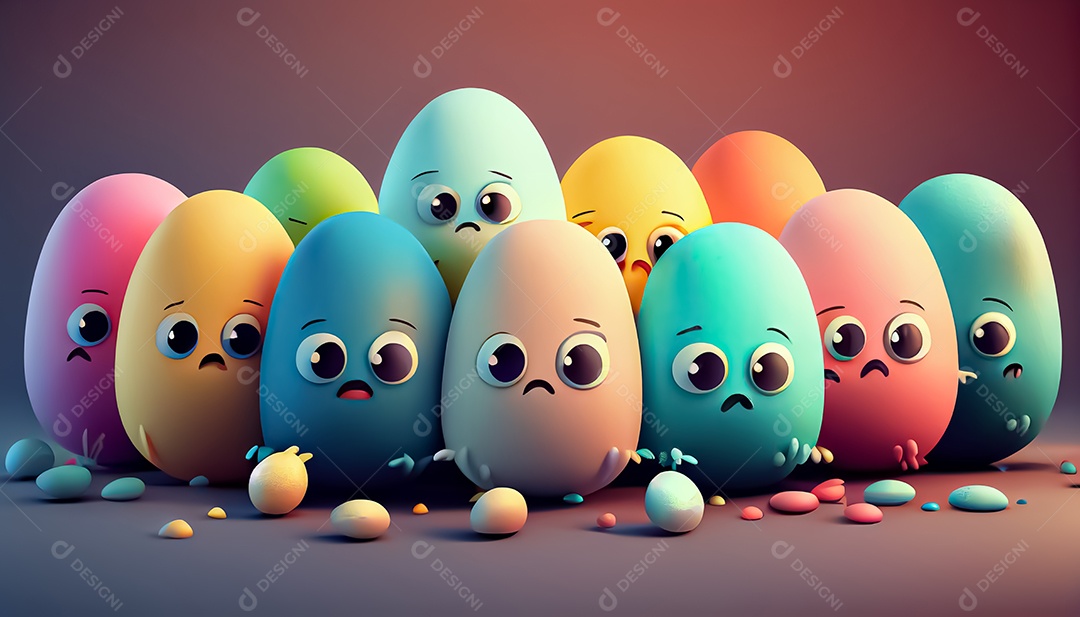 Personagem de ovo de Páscoa. Bonito adorável fundo de Páscoa. Grupo de personagens de desenhos animados de ovos coloridos realistas 3d