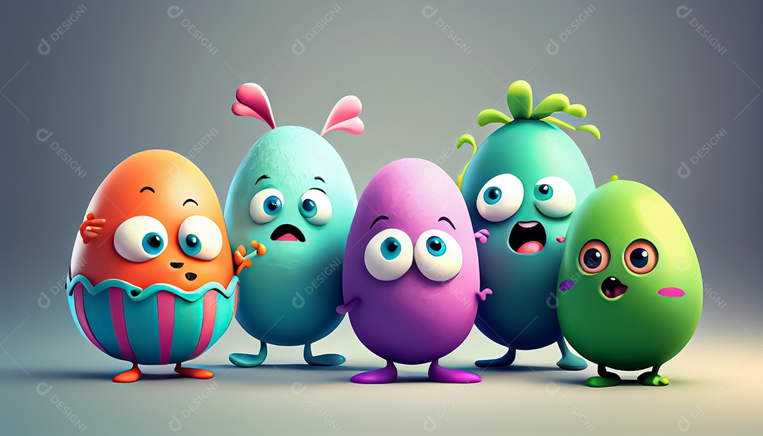 Personagem de ovo de Páscoa. Bonito adorável fundo de Páscoa. Grupo de personagens de desenhos animados de ovos coloridos realistas 3d