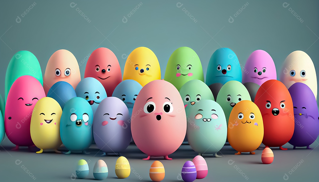 Personagem de ovo de Páscoa. Bonito adorável fundo de Páscoa. Grupo de personagens de desenhos animados de ovos coloridos realistas 3d