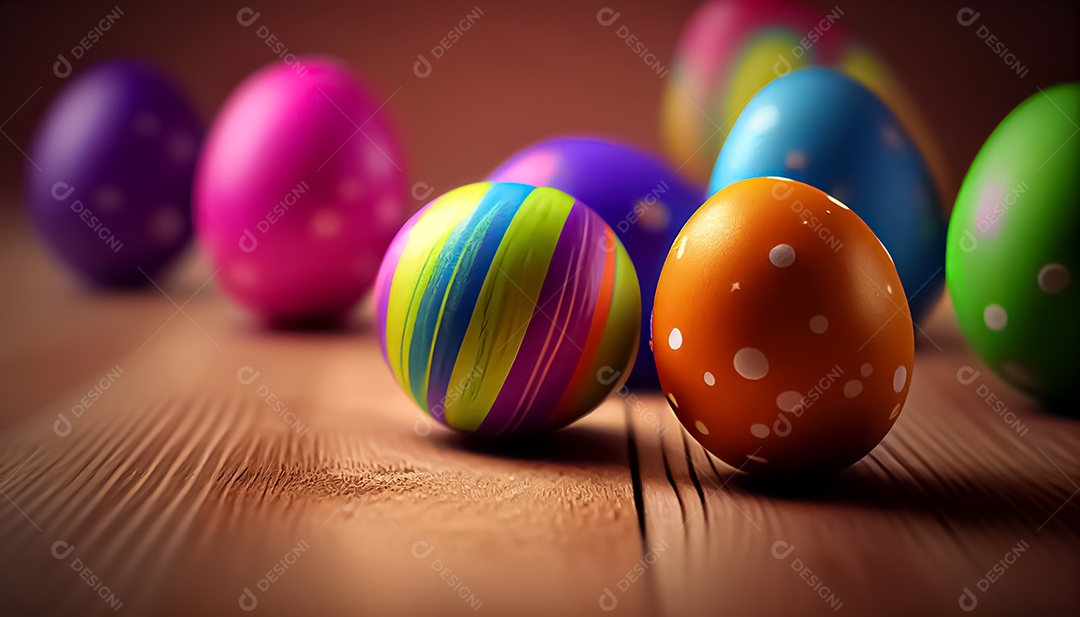 Ovos de Páscoa deitados no chão de madeira, fundo desfocado, realista