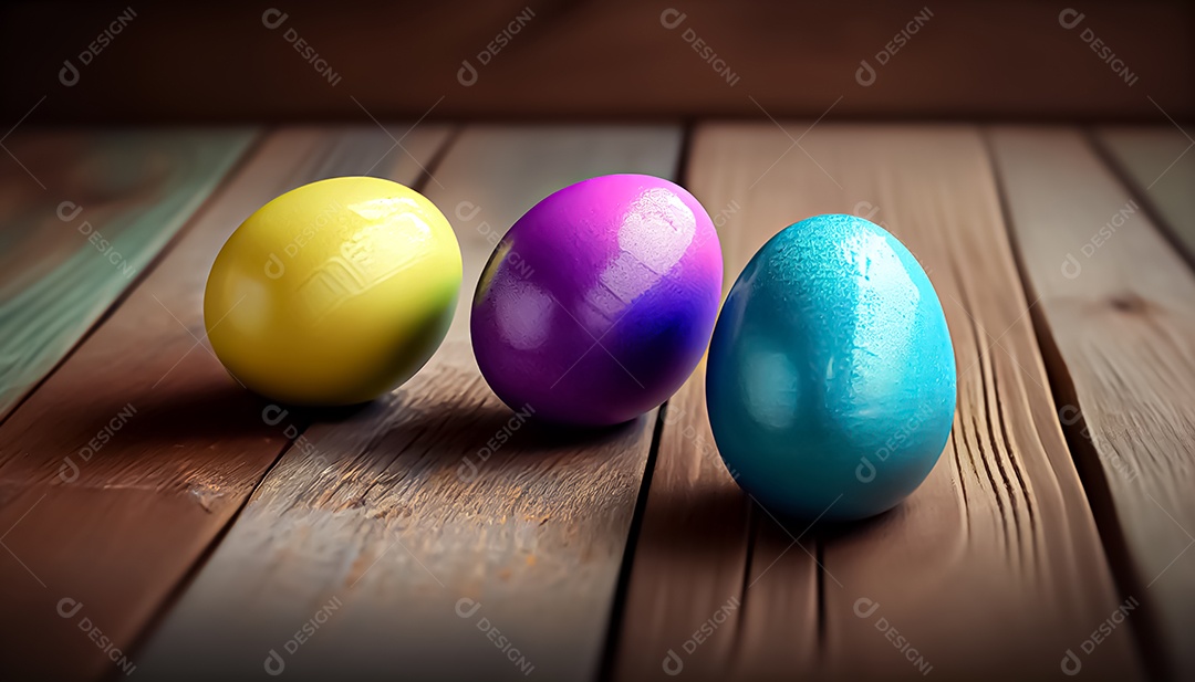 Ovos de Páscoa deitados no chão de madeira, fundo desfocado, realista