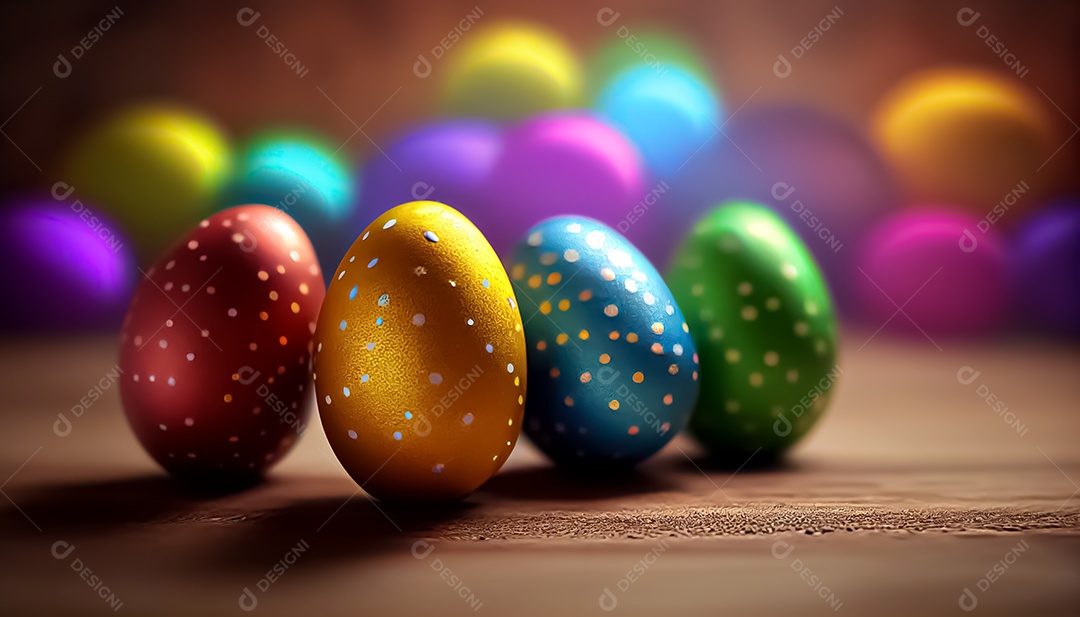 Ovos de Páscoa deitados no chão de madeira, fundo desfocado, realista