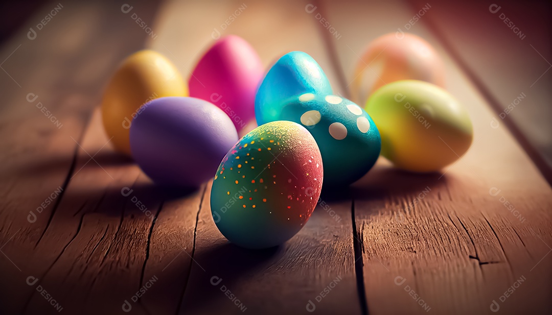 Ovos de Páscoa deitados no chão de madeira, fundo desfocado, realista