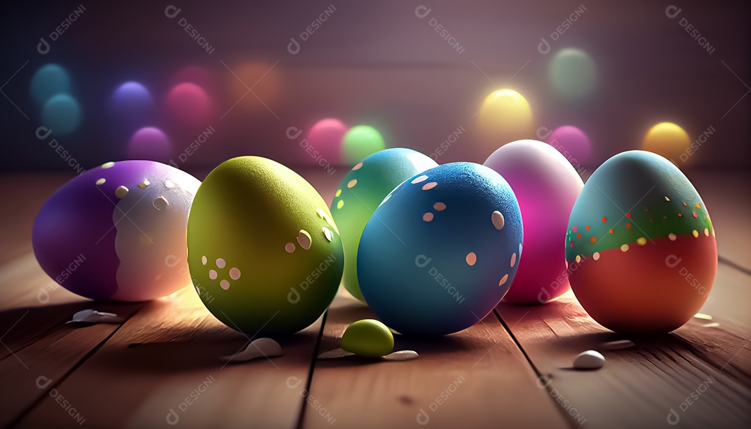 Ovos de Páscoa deitados no chão de madeira, fundo desfocado, realista