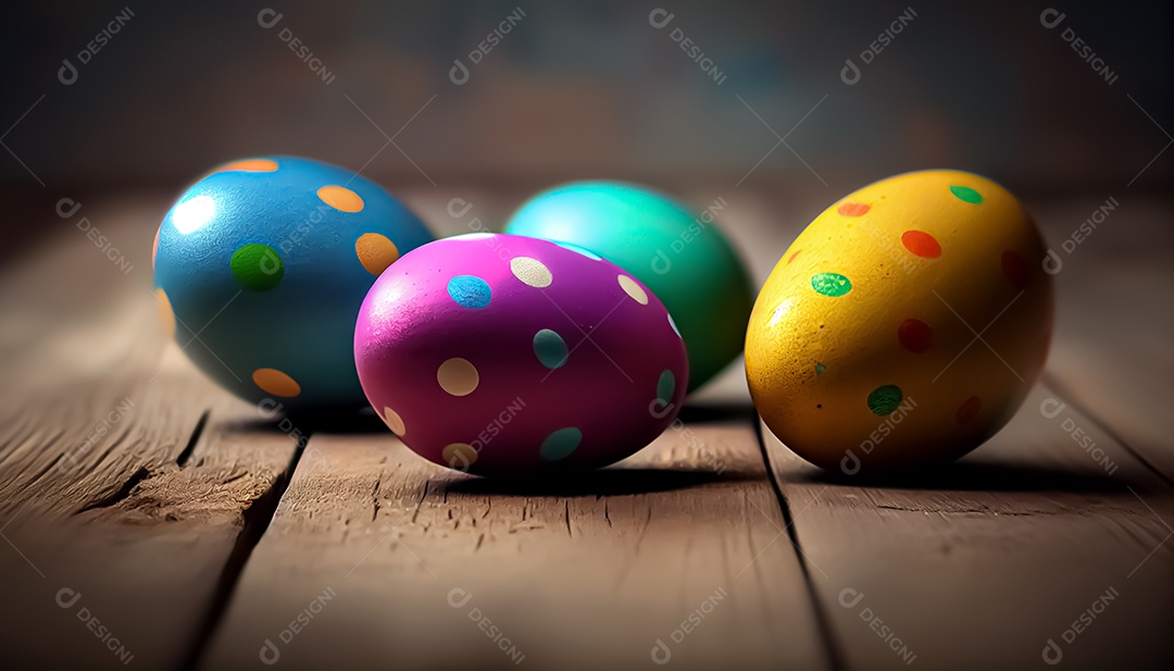 Ovos de Páscoa deitados no chão de madeira, fundo desfocado, realista