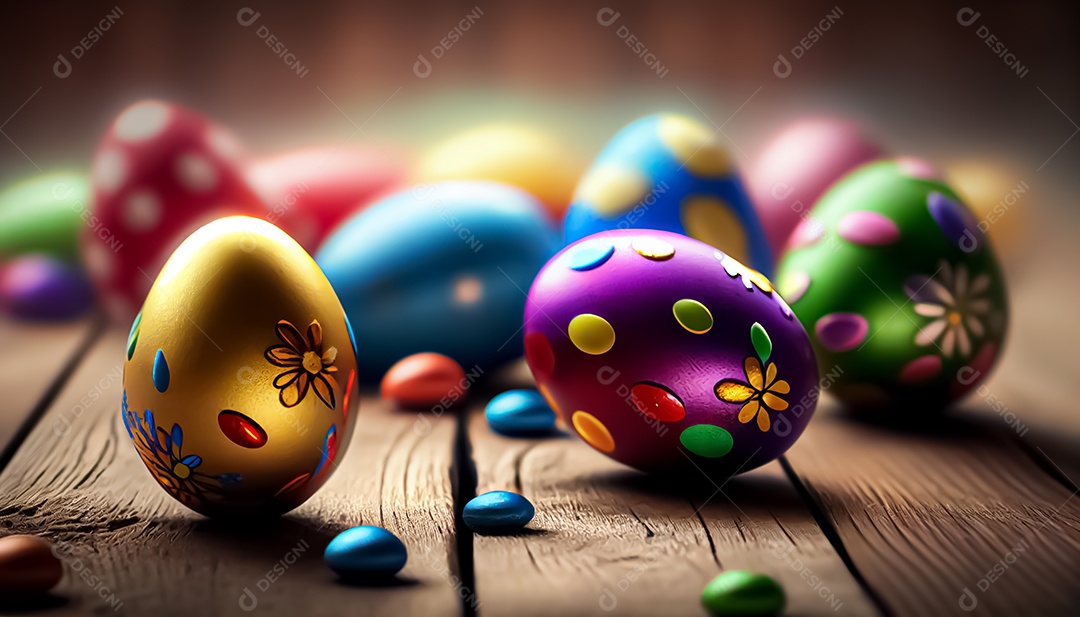 Ovos de Páscoa deitados no chão de madeira, fundo desfocado, realista
