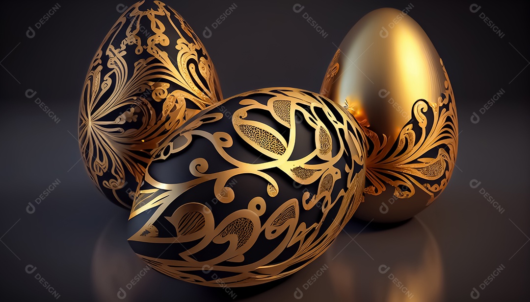 Ovo de Páscoa dourado. Decoração de ovos dourados e pretos. IA generativa. decoração de páscoa 3d realista