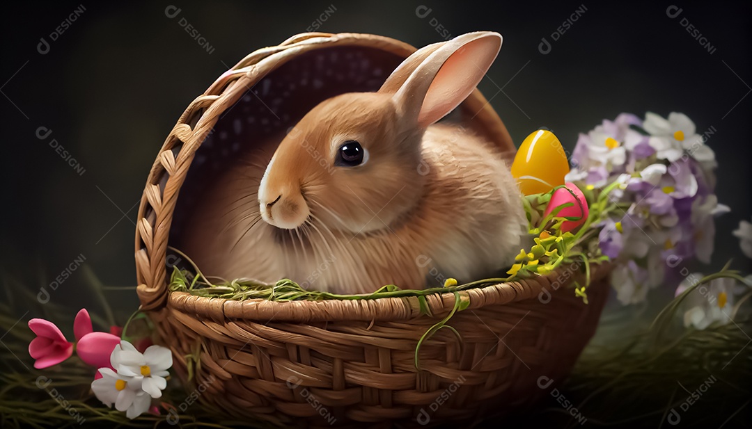 Coelho, ovo de Páscoa colocado em uma cesta