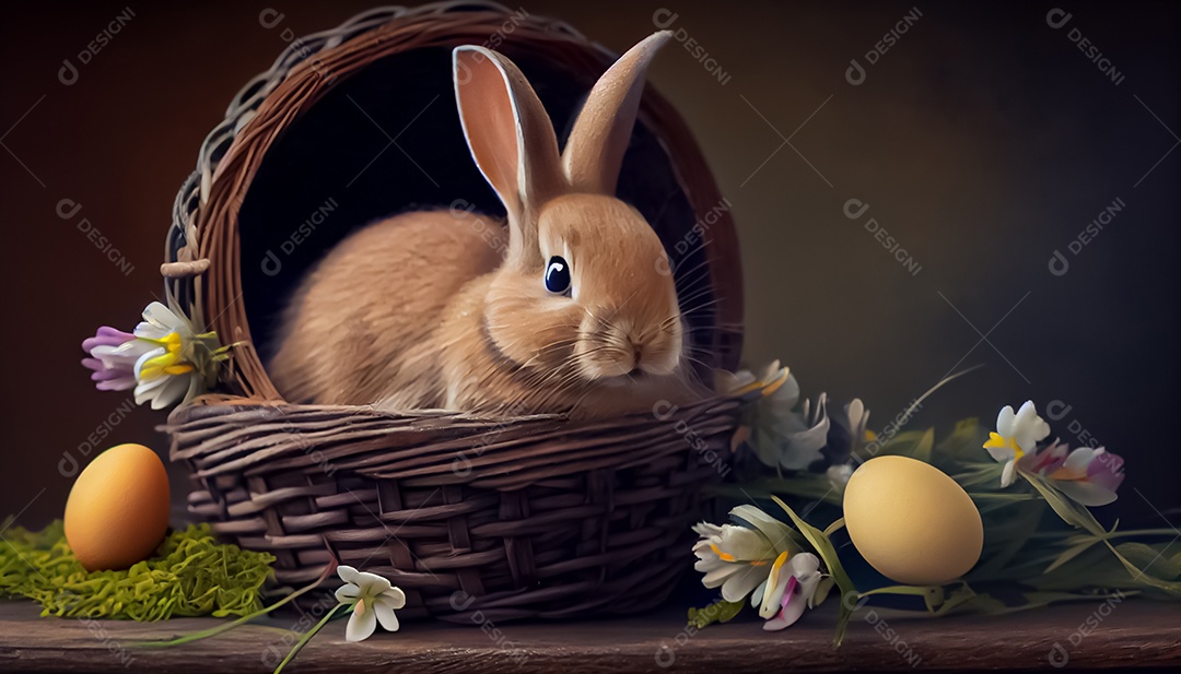 Coelho, ovo de Páscoa colocado em uma cesta