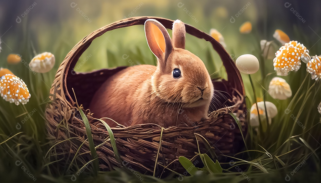Coelho, ovo de Páscoa colocado em uma cesta
