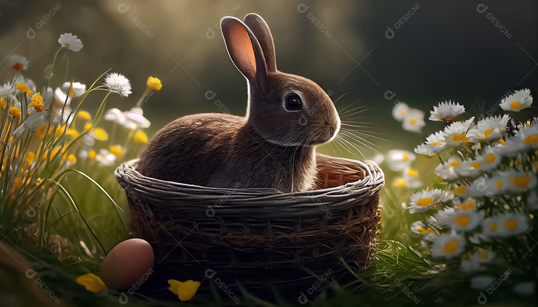 Coelho, ovo de Páscoa colocado em uma cesta