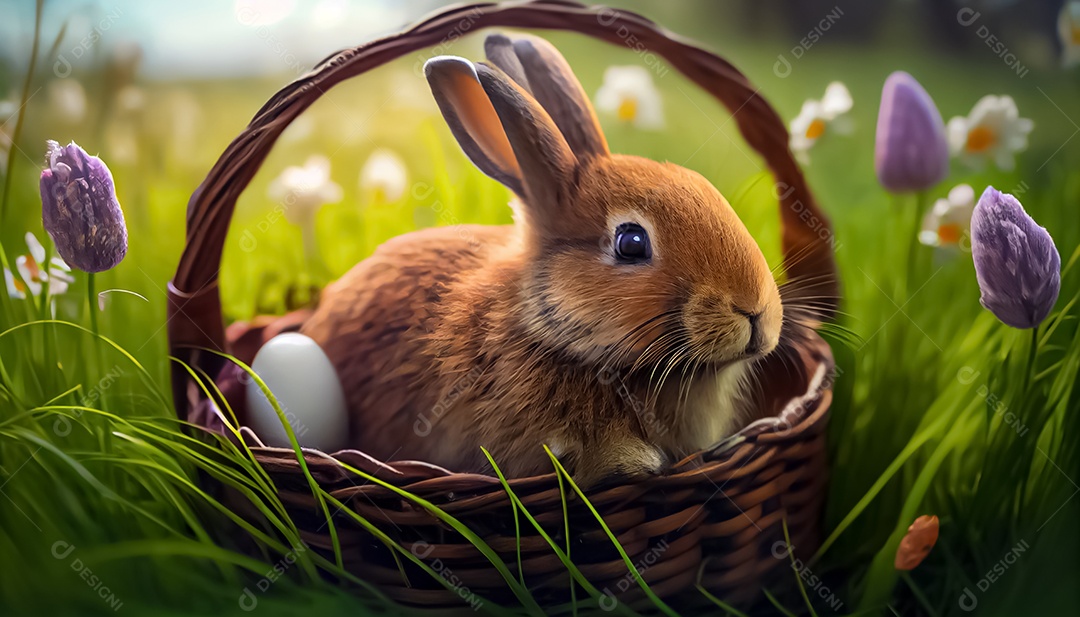 Coelho, ovo de Páscoa colocado em uma cesta