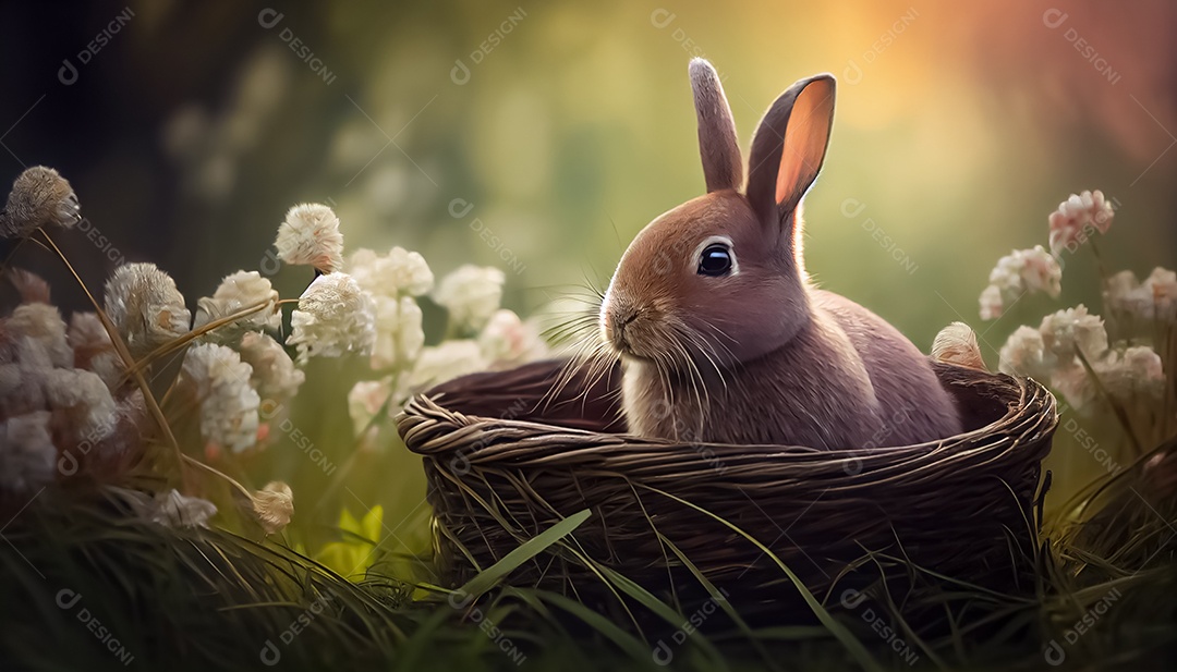 Coelho, ovo de Páscoa colocado em uma cesta