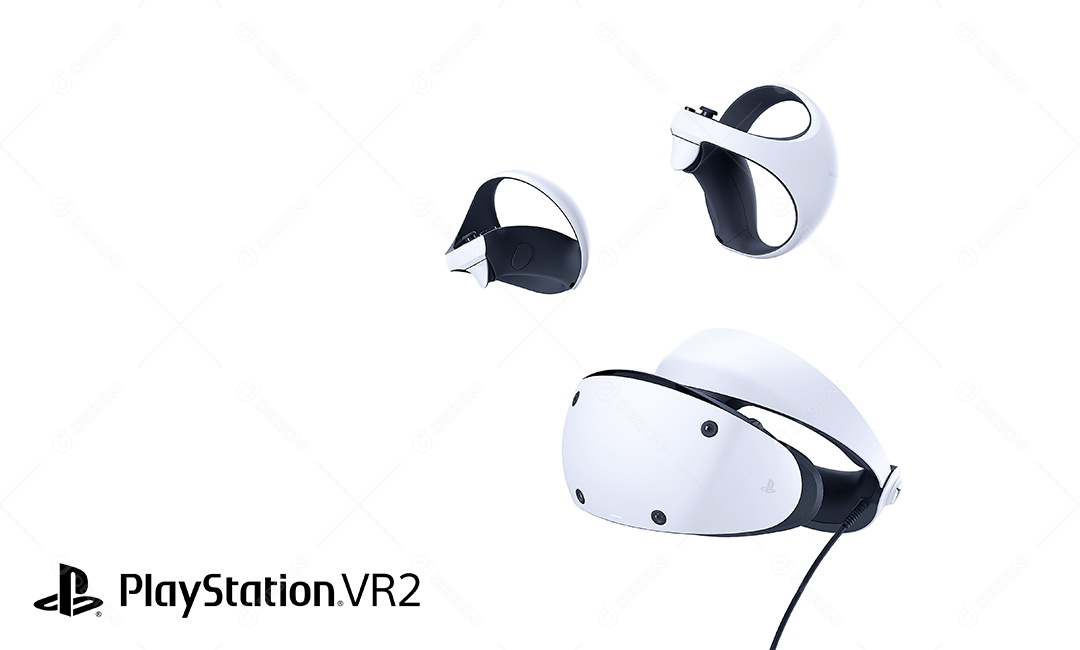 Playstation VR2 com controladores isolados na ilustração 3D de fundo branco