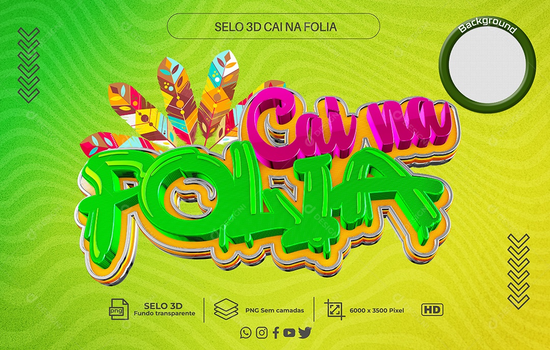 Cai Na Folia Selo 3D Rosa e Verde para Composição PNG Transparente