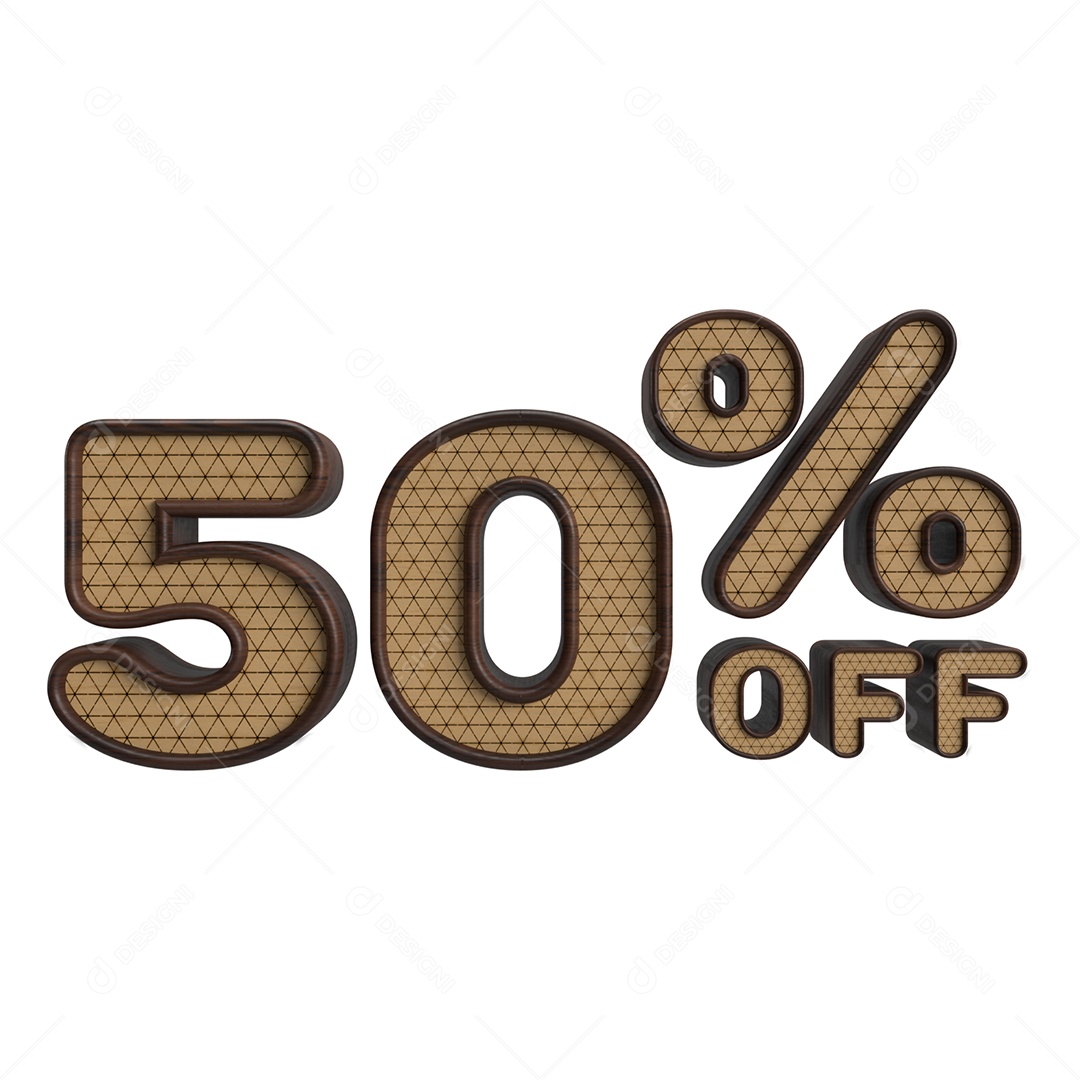 Número 3D 50% Off Dourado e Marrom Elemento para Composição PSD
