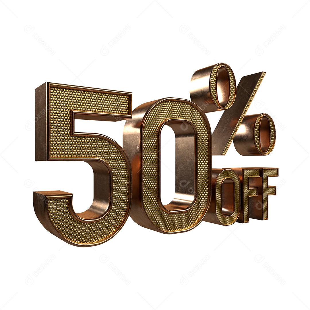 Número 3D 50% Off Dourado e Marrom Elemento para Composição PSD