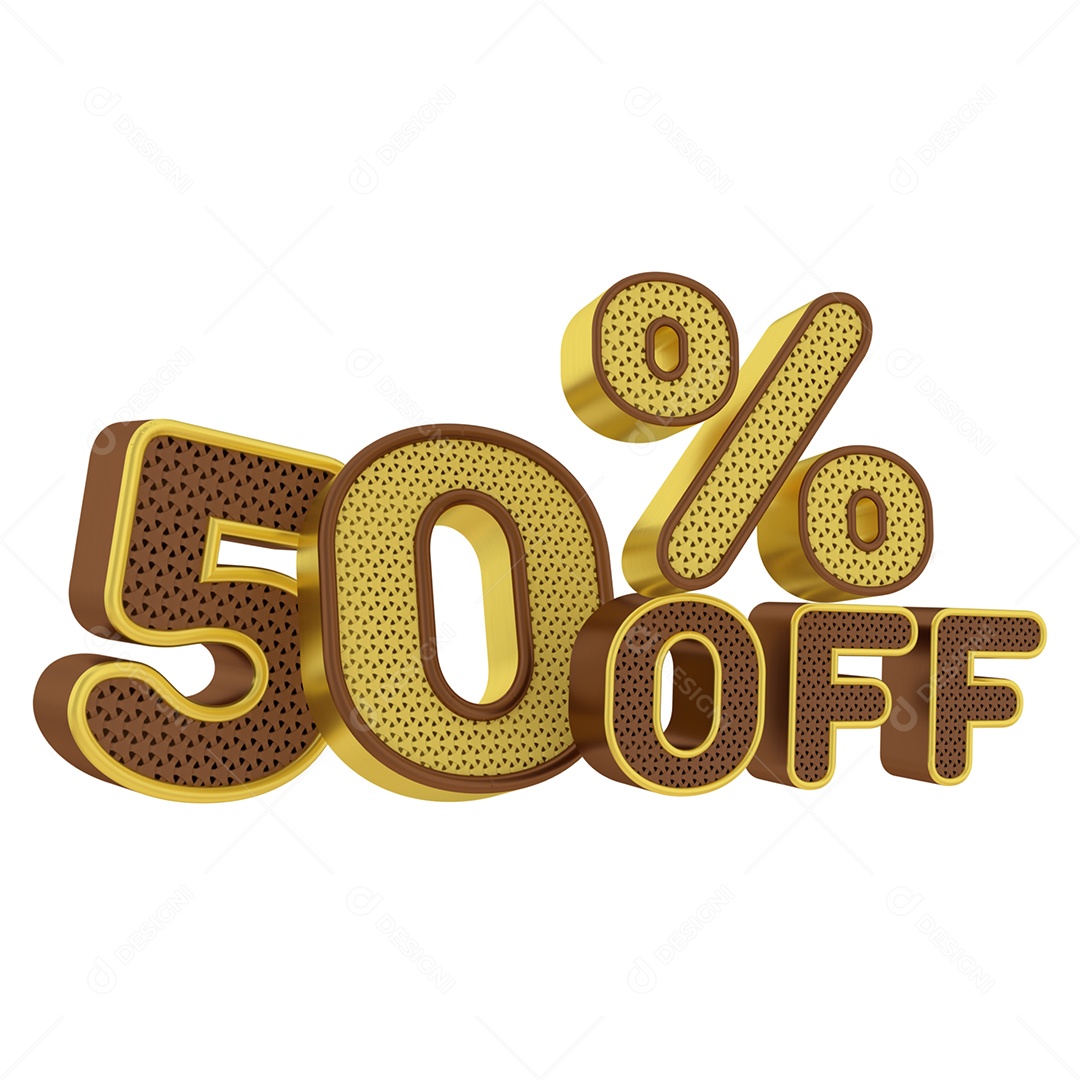 Número 3D 50% Off Dourado e Marrom Elemento para Composição PSD