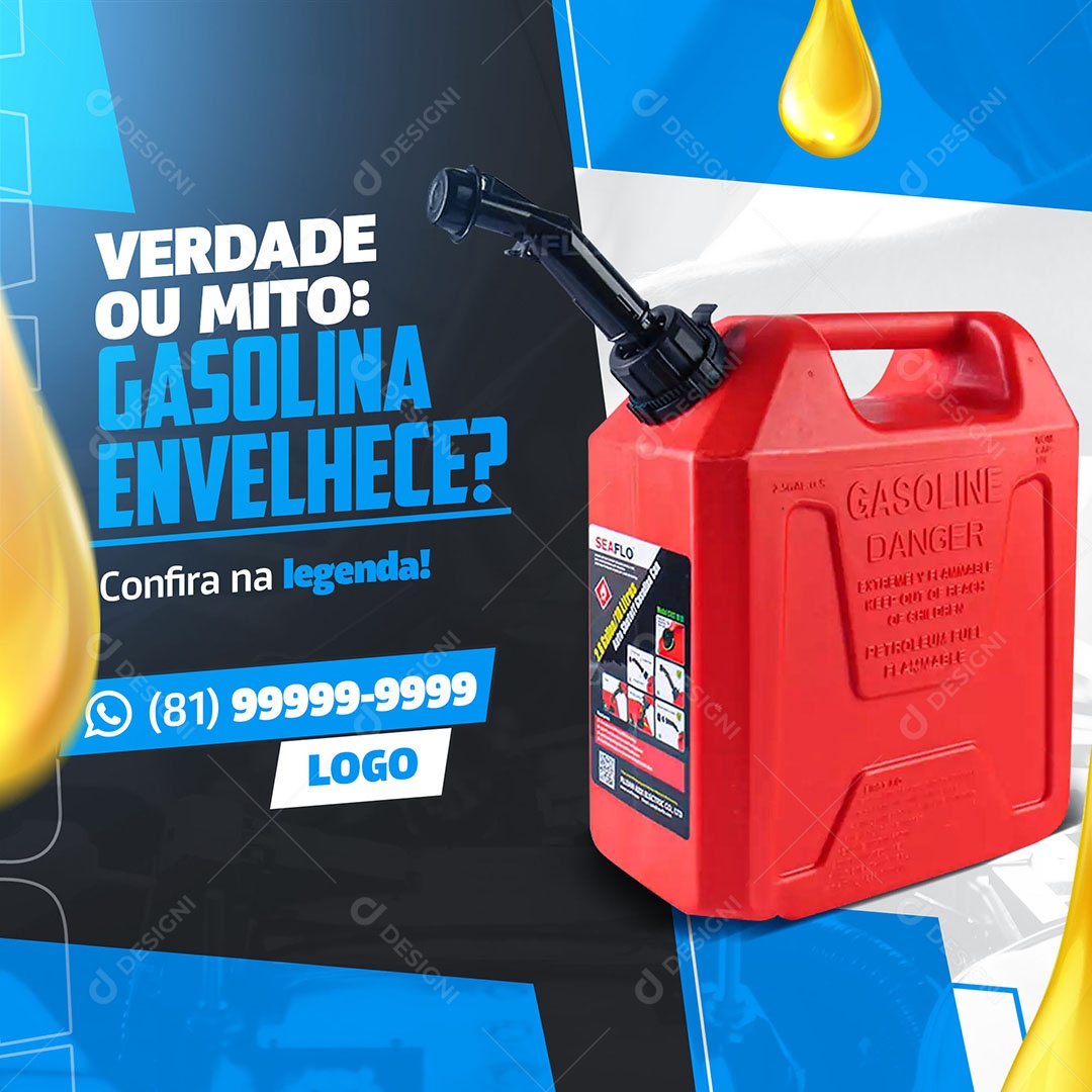 Verdade ou Mito Gasolina Envelhece Oficina Mecânica Social Media PSD Editável