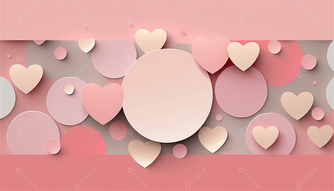 Belo banner horizontal com textura de papel de tons de rosa pastel decorado com corações, fundo de casamento Modelo de feliz dia dos namorados. Cores pastel vista frontal