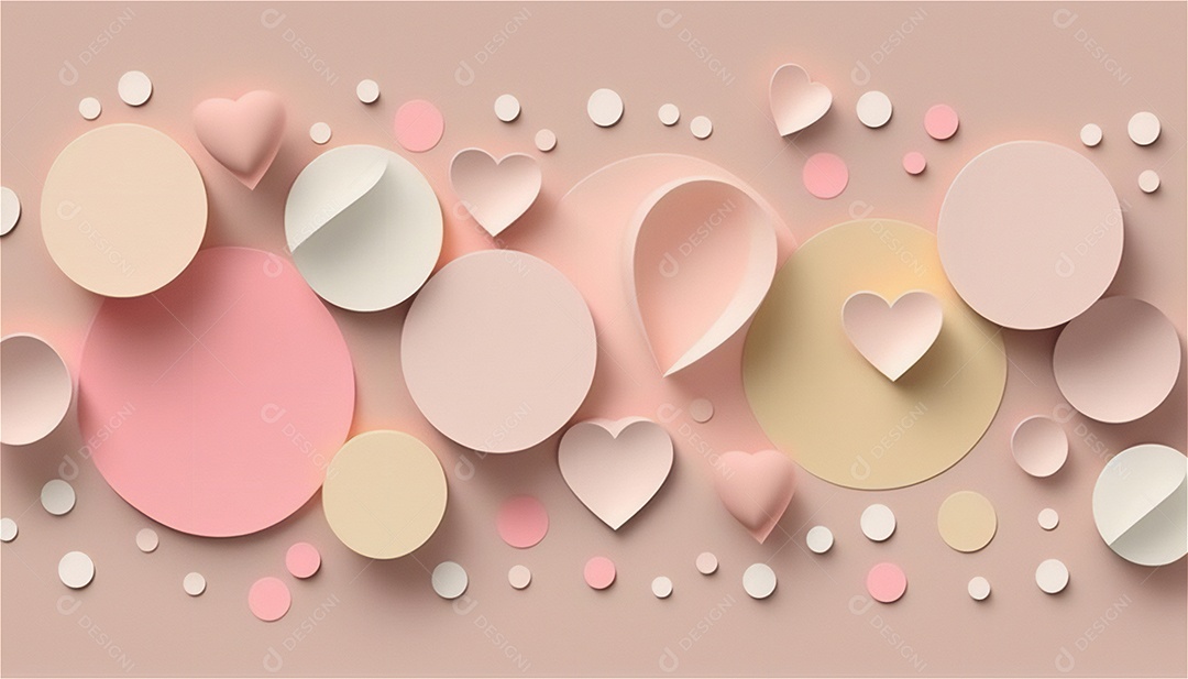 Belo banner horizontal com textura de papel de tons de rosa pastel decorado com corações, fundo de casamento Modelo de feliz dia dos namorados. Cores pastel vista frontal