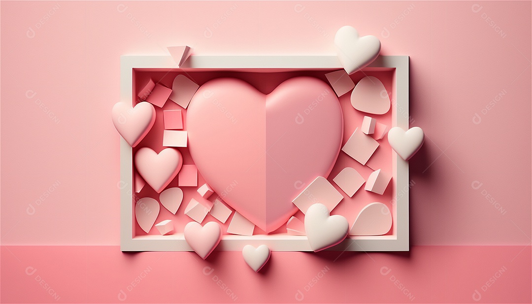 Belo banner horizontal com textura de papel de tons de rosa pastel decorado com corações, fundo de casamento Modelo de feliz dia dos namorados. Cores pastel vista frontal