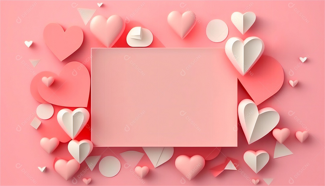 Belo banner horizontal com textura de papel de tons de rosa pastel decorado com corações, fundo de casamento Modelo de feliz dia dos namorados. Cores pastel vista frontal