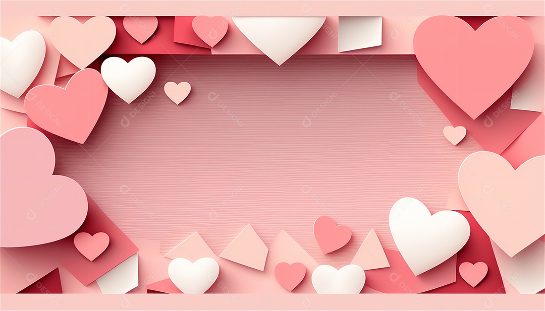 Belo banner horizontal com textura de papel de tons de rosa pastel decorado com corações, fundo de casamento Modelo de feliz dia dos namorados. Cores pastel vista frontal