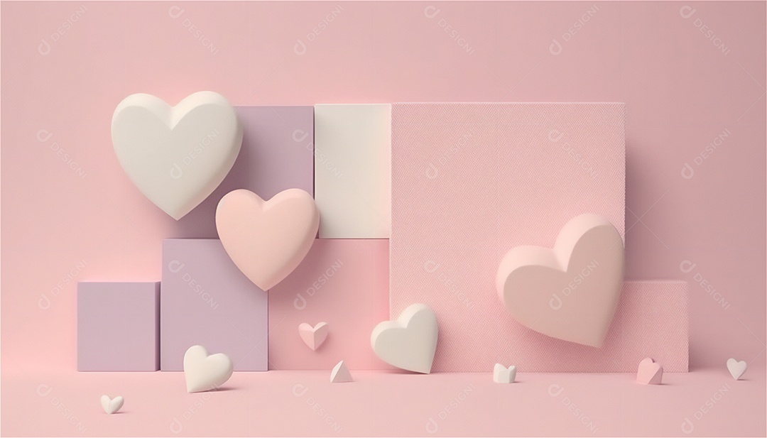 Belo banner horizontal com textura de papel de tons de rosa pastel decorado com corações, fundo de casamento Modelo de feliz dia dos namorados. Cores pastel vista frontal