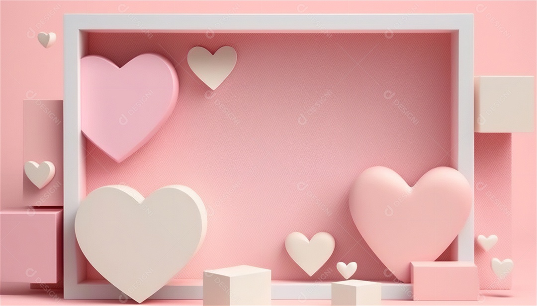 Belo banner horizontal com textura de papel de tons de rosa pastel decorado com corações, fundo de casamento Modelo de feliz dia dos namorados. Cores pastel vista frontal