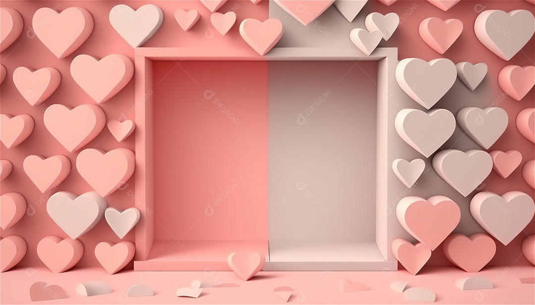 Belo banner horizontal com textura de papel de tons de rosa pastel decorado com corações, fundo de casamento Modelo de feliz dia dos namorados. Cores pastel vista frontal