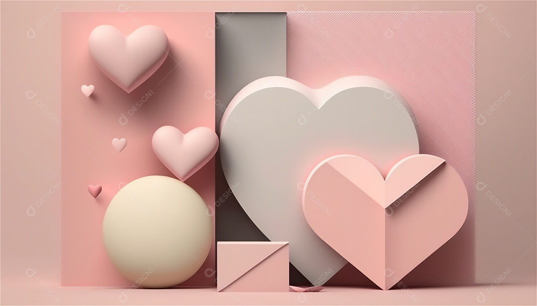 Belo banner horizontal com textura de papel de tons de rosa pastel decorado com corações, fundo de casamento Modelo de feliz dia dos namorados. Cores pastel vista frontal