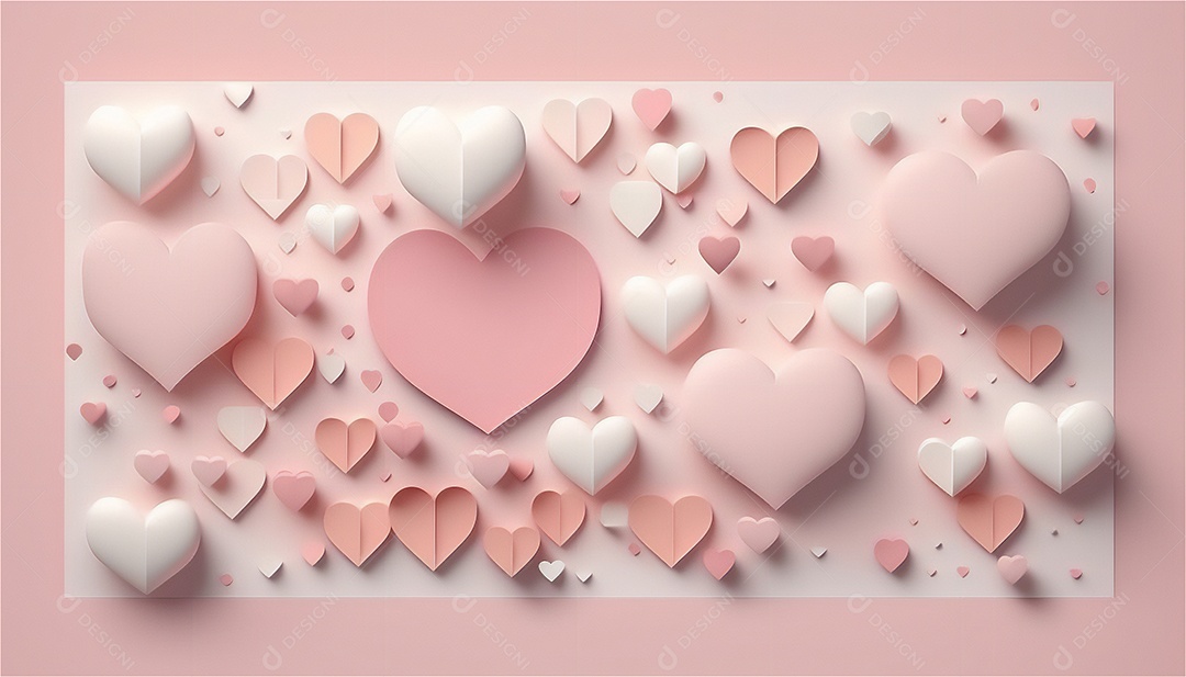 Belo banner horizontal com textura de papel de tons de rosa pastel decorado com corações, fundo de casamento Modelo de feliz dia dos namorados. Cores pastel vista frontal