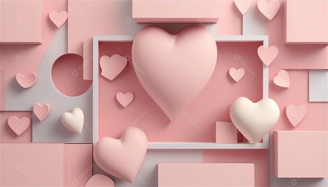 Belo banner horizontal com textura de papel de tons de rosa pastel decorado com corações, fundo de casamento Modelo de feliz dia dos namorados. Cores pastel vista frontal