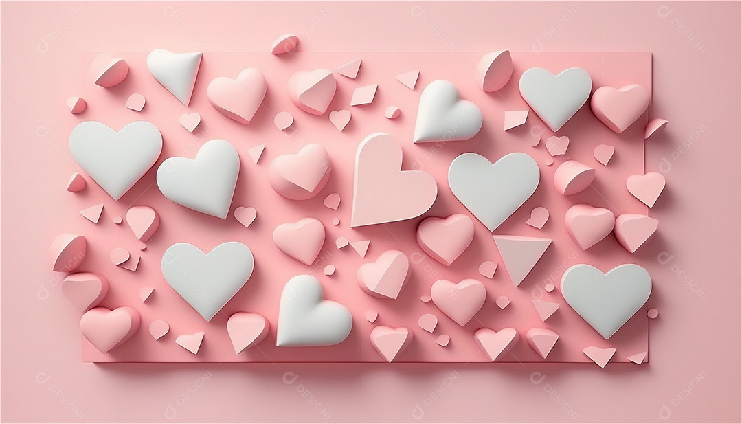 Belo banner horizontal com textura de papel de tons de rosa pastel decorado com corações, fundo de casamento Modelo de feliz dia dos namorados. Cores pastel vista frontal