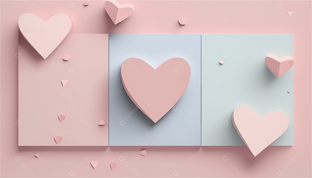 Belo banner horizontal com textura de papel de tons de rosa pastel decorado com corações, fundo de casamento Modelo de feliz dia dos namorados. Cores pastel vista frontal