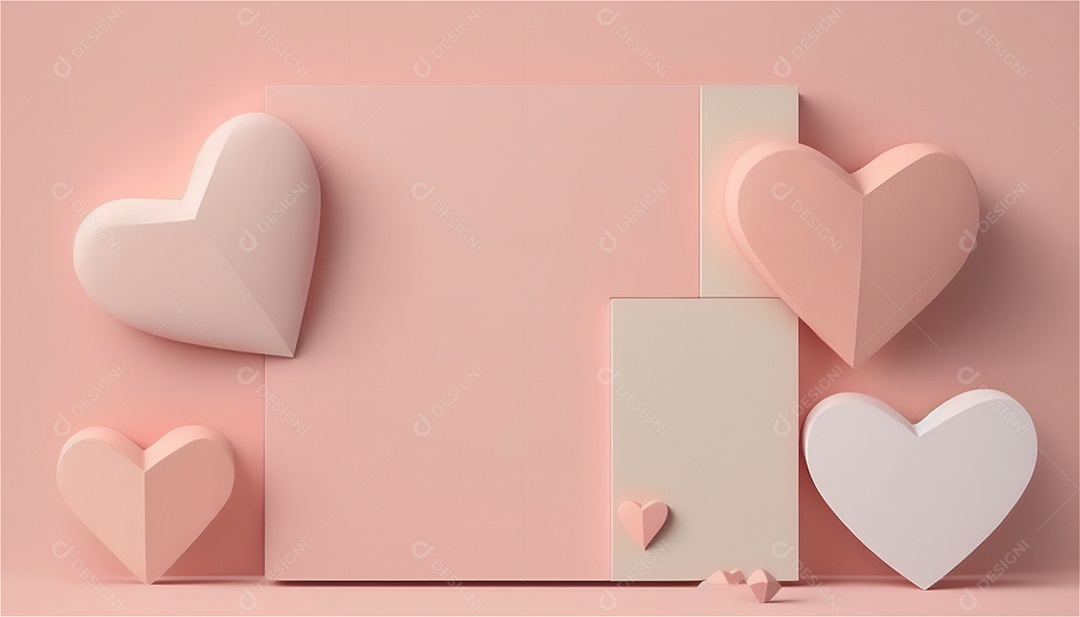 Belo banner horizontal com textura de papel de tons de rosa pastel decorado com corações, fundo de casamento Modelo de feliz dia dos namorados. Cores pastel vista frontal