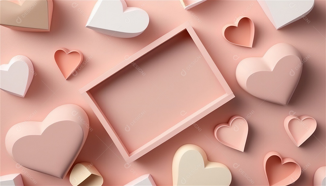 Belo banner horizontal com textura de papel de tons de rosa pastel decorado com corações, fundo de casamento Modelo de feliz dia dos namorados. Cores pastel vista frontal