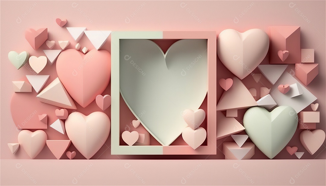 Belo banner horizontal com textura de papel de tons de rosa pastel decorado com corações, fundo de casamento Modelo de feliz dia dos namorados. Cores pastel vista frontal