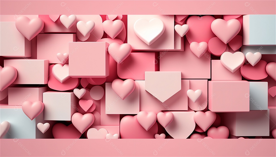 Belo banner horizontal com textura de papel de tons de rosa pastel decorado com corações, fundo de casamento Modelo de feliz dia dos namorados. Cores pastel vista frontal