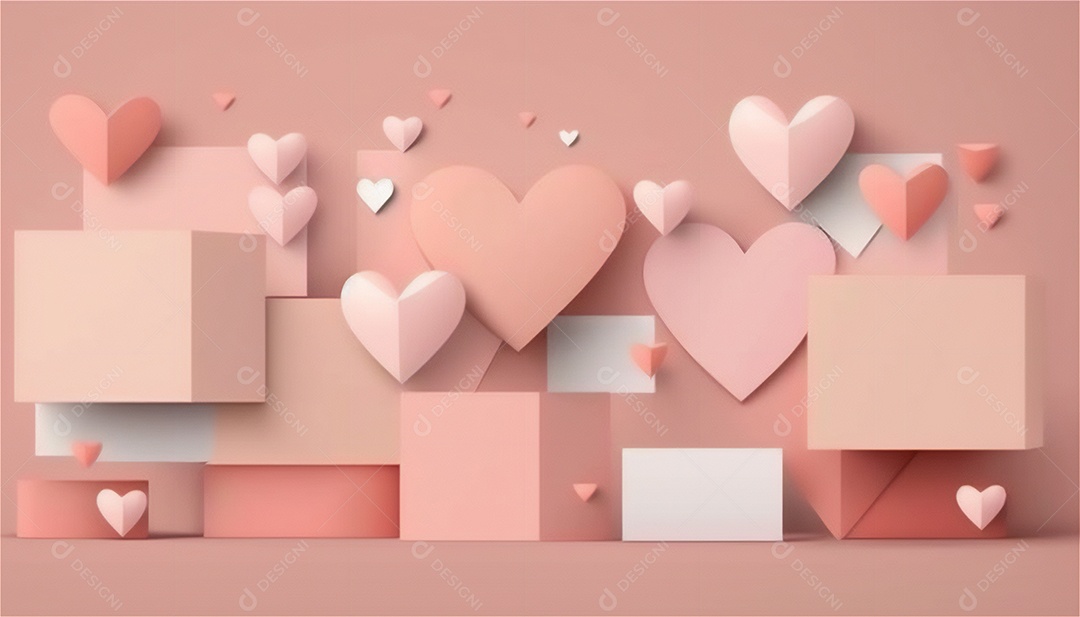 Belo banner horizontal com textura de papel de tons de rosa pastel decorado com corações, fundo de casamento Modelo de feliz dia dos namorados. Cores pastel vista frontal