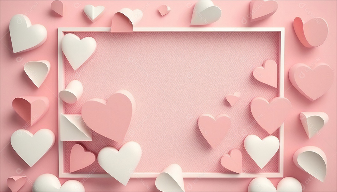 Belo banner horizontal com textura de papel de tons de rosa pastel decorado com corações, fundo de casamento Modelo de feliz dia dos namorados. Cores pastel vista frontal