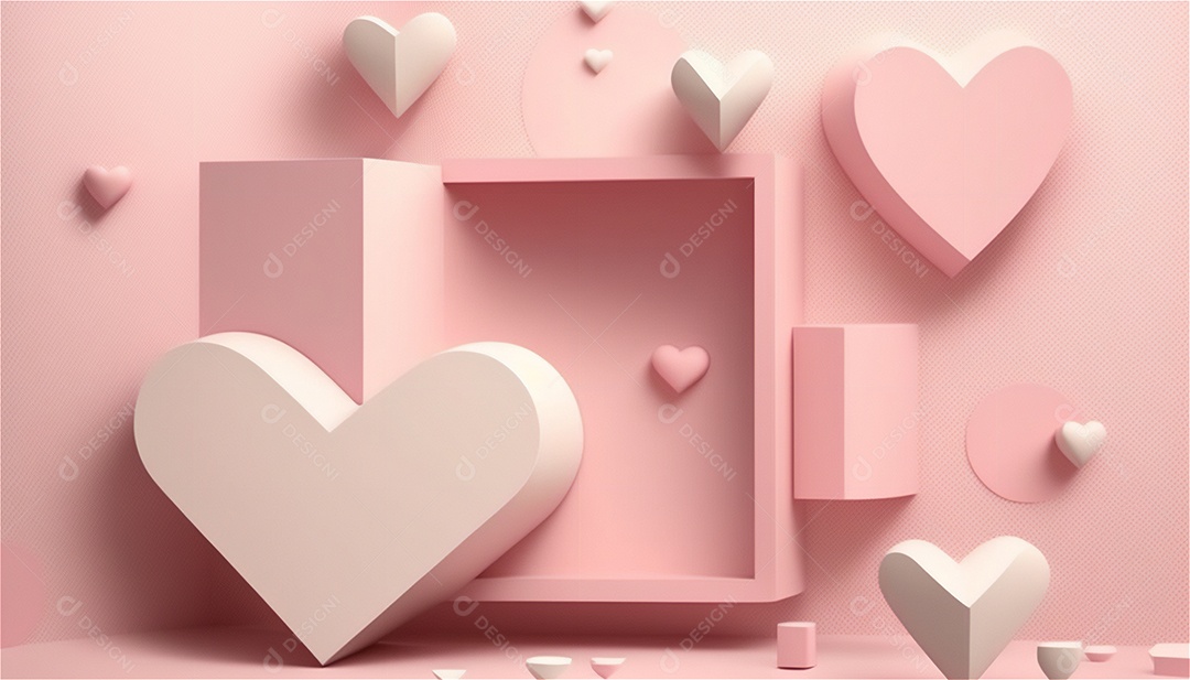 Belo banner horizontal com textura de papel de tons de rosa pastel decorado com corações, fundo de casamento Modelo de feliz dia dos namorados. Cores pastel vista frontal