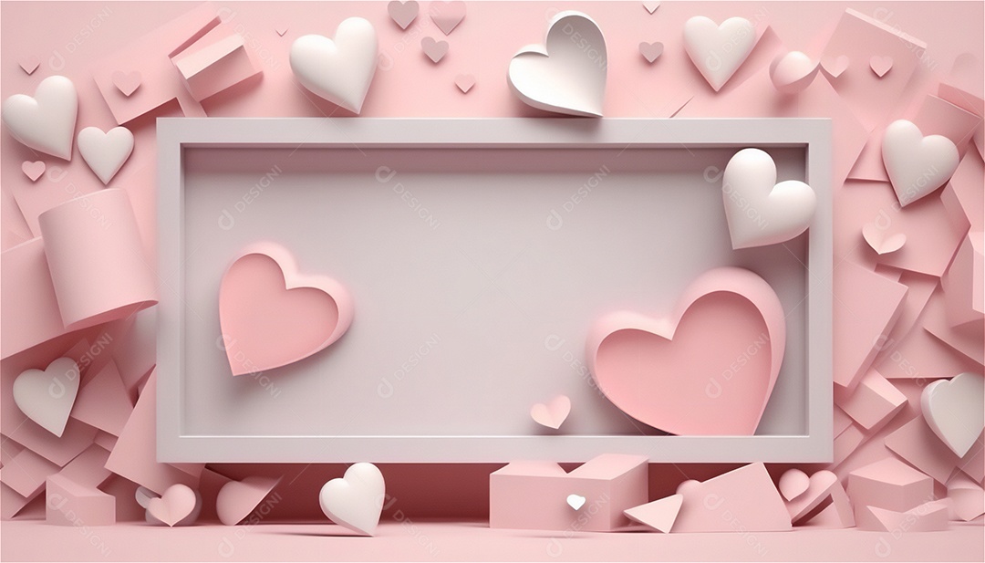 Belo banner horizontal com textura de papel de tons de rosa pastel decorado com corações, fundo de casamento Modelo de feliz dia dos namorados. Cores pastel vista frontal
