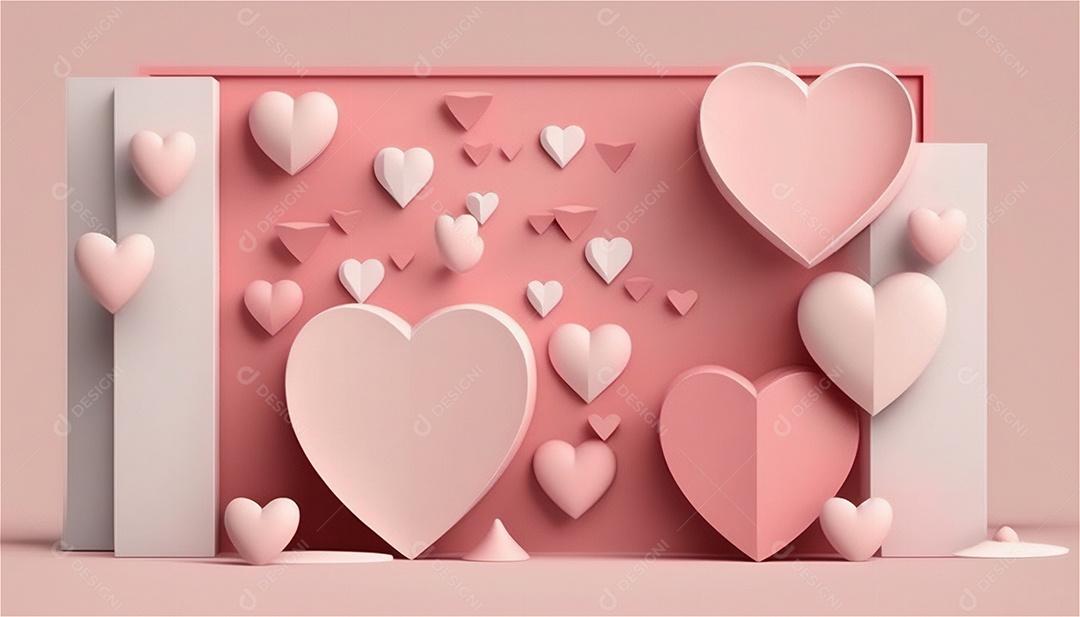 Belo banner horizontal com textura de papel de tons de rosa pastel decorado com corações, fundo de casamento Modelo de feliz dia dos namorados. Cores pastel vista frontal