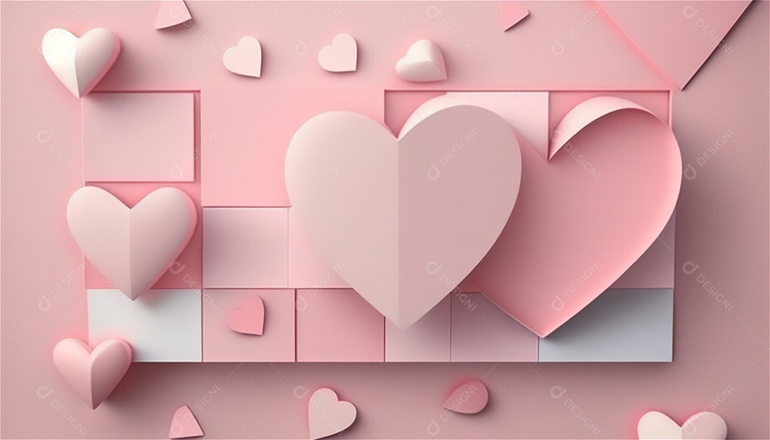 Belo banner horizontal com textura de papel de tons de rosa pastel decorado com corações, fundo de casamento Modelo de feliz dia dos namorados. Cores pastel vista frontal