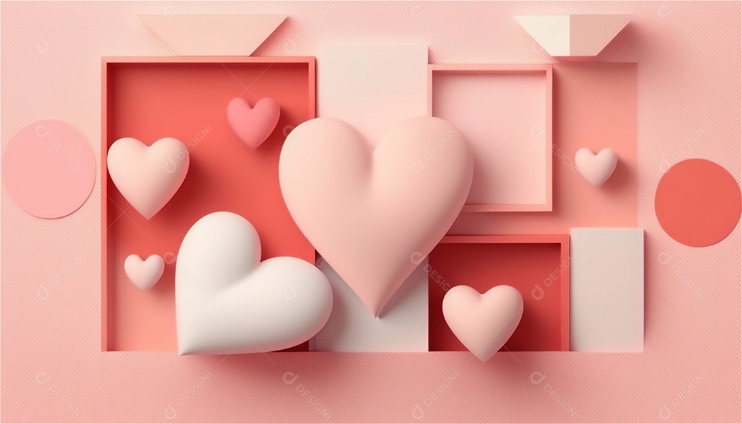 Belo banner horizontal com textura de papel de tons de rosa pastel decorado com corações, fundo de casamento Modelo de feliz dia dos namorados. Cores pastel vista frontal