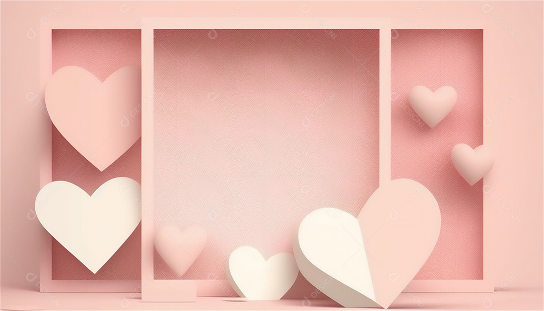 Belo banner horizontal com textura de papel de tons de rosa pastel decorado com corações, fundo de casamento Modelo de feliz dia dos namorados. Cores pastel vista frontal